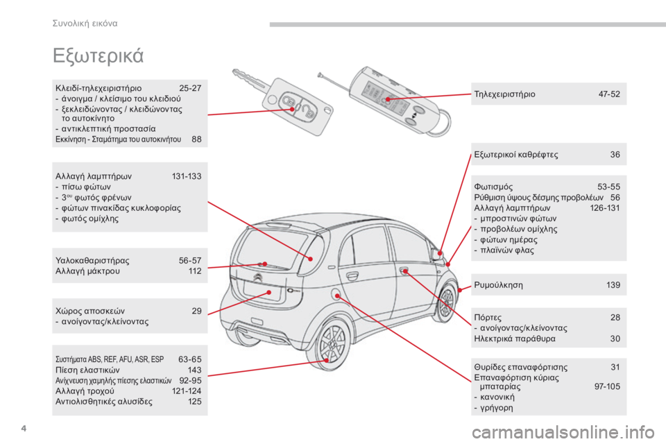 CITROEN C-ZERO 2017  ΟΔΗΓΌΣ ΧΡΉΣΗΣ (in Greek) 4
C-Zero_el_Chap00b_vue-ensemble_ed01-2016
Εξωτερικά
Κλειδί-τηλεχειριστήριο 25-27
-  ά νοιγμα / κ λείσιμο του κ λειδιού
-
 
ξ
 εκ λειδώ�