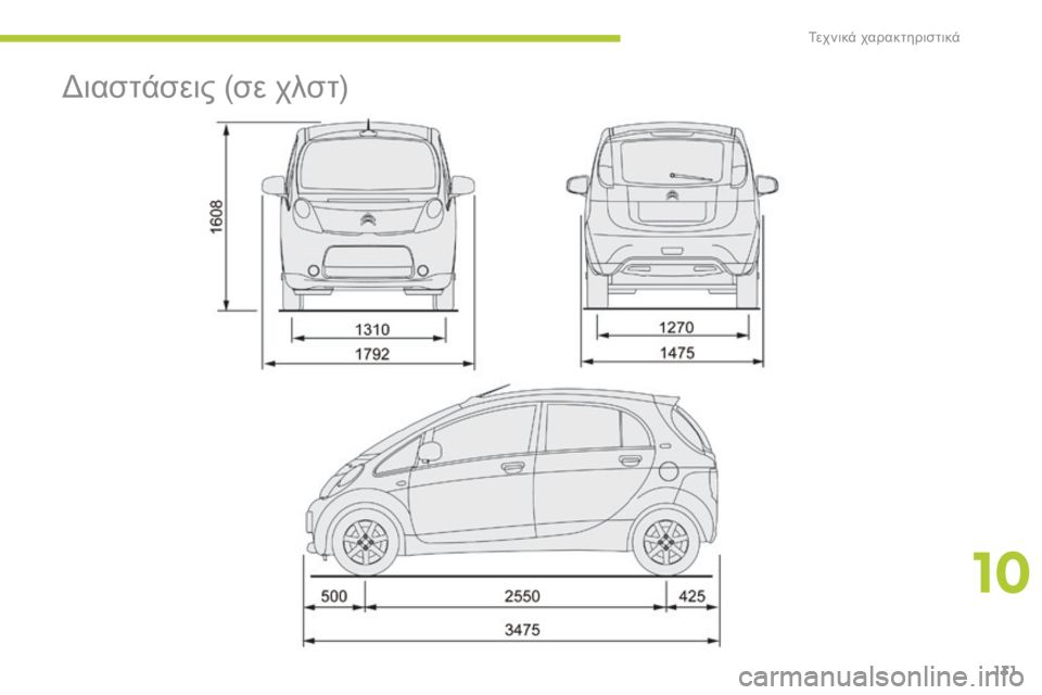 CITROEN C-ZERO 2016 ΟΔΗΓΌΣ ΧΡΉΣΗΣ (in Greek) 131
C-zero_el_Chap10_caracteristiques-techniques_ed01-2014
διαστάσεις (σε χλστ)
10
Τεχνικά χαρακτηριστικά CITROEN C-ZERO 2016 ΟΔΗΓΌΣ ΧΡΉΣΗΣ (in Greek) 131
C-zero_el_Chap10_caracteristiques-techniques_ed01-2014
διαστάσεις (σε χλστ)
10
Τεχνικά χαρακτηριστικά