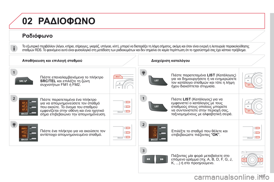 CITROEN C-ZERO 2016 ΟΔΗΓΌΣ ΧΡΉΣΗΣ (in Greek) 02
137
C-Zero_el_Chap11b_RDE2_ed01-2014
Πιέστε επαναλαμβανόμενα το πλήκτρο
SRC/TEL και επιλέξτε τη ζώνη
συχνοτήτων FM1 ή FM2.
Πιέστε CITROEN C-ZERO 2016 ΟΔΗΓΌΣ ΧΡΉΣΗΣ (in Greek) 02
137
C-Zero_el_Chap11b_RDE2_ed01-2014
Πιέστε επαναλαμβανόμενα το πλήκτρο
SRC/TEL και επιλέξτε τη ζώνη
συχνοτήτων FM1 ή FM2.
Πιέστε