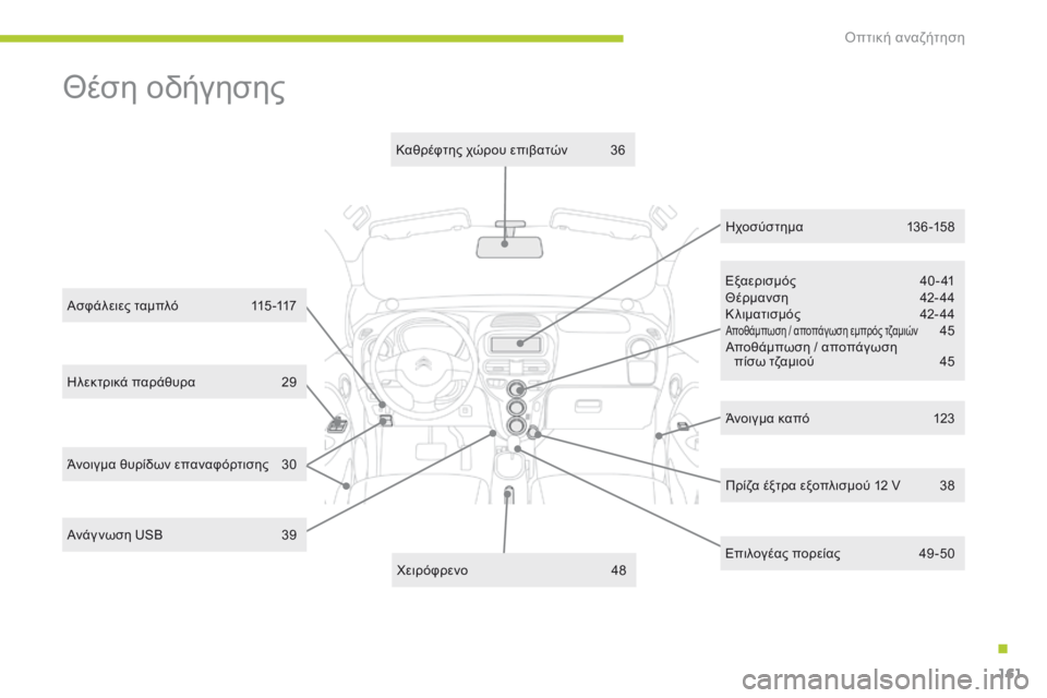 CITROEN C-ZERO 2016 ΟΔΗΓΌΣ ΧΡΉΣΗΣ (in Greek) 161
C-zero_el_Chap12_recherche-visuelle_ed01-2014
ηλεκτρικά παράθυρα 2 9
Ασφάλειες ταμπλό
1
15 -117
Εξαερισμός
4
0-41
Θέρμανση
4
2- 44
Κλιμ CITROEN C-ZERO 2016 ΟΔΗΓΌΣ ΧΡΉΣΗΣ (in Greek) 161
C-zero_el_Chap12_recherche-visuelle_ed01-2014
ηλεκτρικά παράθυρα 2 9
Ασφάλειες ταμπλό
1
15 -117
Εξαερισμός
4
0-41
Θέρμανση
4
2- 44
Κλιμ