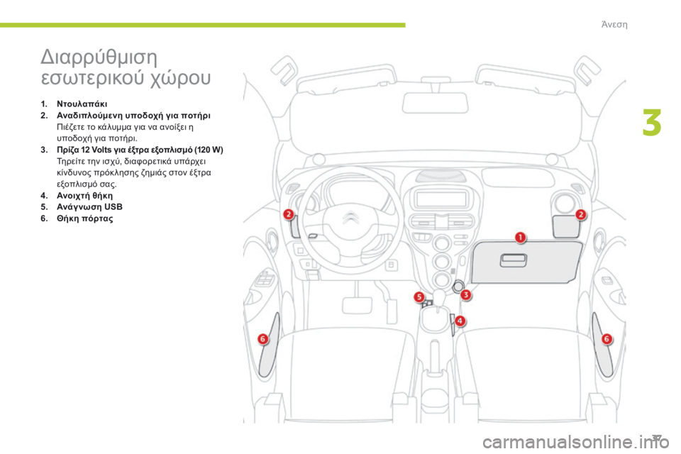 CITROEN C-ZERO 2016 ΟΔΗΓΌΣ ΧΡΉΣΗΣ (in Greek) 37
C-zero_el_Chap03_confort_ed01-2014
διαρρύθμιση
εσωτερικού χώρου
1. Ντουλαπάκι
2. Αναδιπλούμενη υποδοχή για ποτήρι
Π
ιέζετ CITROEN C-ZERO 2016 ΟΔΗΓΌΣ ΧΡΉΣΗΣ (in Greek) 37
C-zero_el_Chap03_confort_ed01-2014
διαρρύθμιση
εσωτερικού χώρου
1. Ντουλαπάκι
2. Αναδιπλούμενη υποδοχή για ποτήρι
Π
ιέζετ