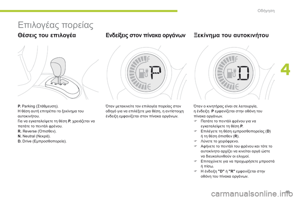 CITROEN C-ZERO 2016 ΟΔΗΓΌΣ ΧΡΉΣΗΣ (in Greek) 49
C-zero_el_Chap04_conduite_ed01-2014
P. Parking (ςτ άθμευση).η
θέση αυτή επιτρέπει το ξεκίνημα του
αυτοκινήτου.
γι
α να εγκαταλεί CITROEN C-ZERO 2016 ΟΔΗΓΌΣ ΧΡΉΣΗΣ (in Greek) 49
C-zero_el_Chap04_conduite_ed01-2014
P. Parking (ςτ άθμευση).η
θέση αυτή επιτρέπει το ξεκίνημα του
αυτοκινήτου.
γι
α να εγκαταλεί