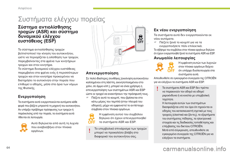 CITROEN C-ZERO 2016 ΟΔΗΓΌΣ ΧΡΉΣΗΣ (in Greek) 64
C-zero_el_Chap06_securite_ed01-2014
Σύστημα αντιολίσθησης
τροχών (ASR) και σύστημα
δυναμικού ελέγχου
ευστάθειας (ESP)
ςυστήμα CITROEN C-ZERO 2016 ΟΔΗΓΌΣ ΧΡΉΣΗΣ (in Greek) 64
C-zero_el_Chap06_securite_ed01-2014
Σύστημα αντιολίσθησης
τροχών (ASR) και σύστημα
δυναμικού ελέγχου
ευστάθειας (ESP)
ςυστήμα