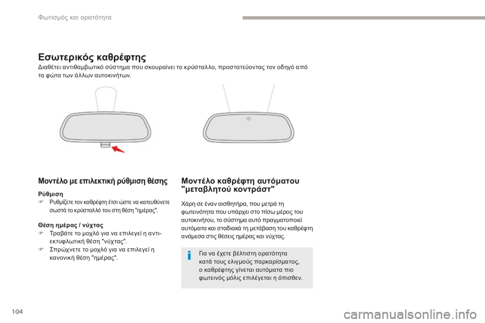CITROEN C3 2017 ΟΔΗΓΌΣ ΧΡΉΣΗΣ (in Greek) 104
B618_el_Chap04_Eclairage-et-visibilite_ed01-2016
Εσωτερικός καθρέφτης
Μοντέλο με επιλεκτική ρύθμιση θέσης
Ρύθμιση
F ρυθμίζετε το CITROEN C3 2017 ΟΔΗΓΌΣ ΧΡΉΣΗΣ (in Greek) 104
B618_el_Chap04_Eclairage-et-visibilite_ed01-2016
Εσωτερικός καθρέφτης
Μοντέλο με επιλεκτική ρύθμιση θέσης
Ρύθμιση
F ρυθμίζετε το