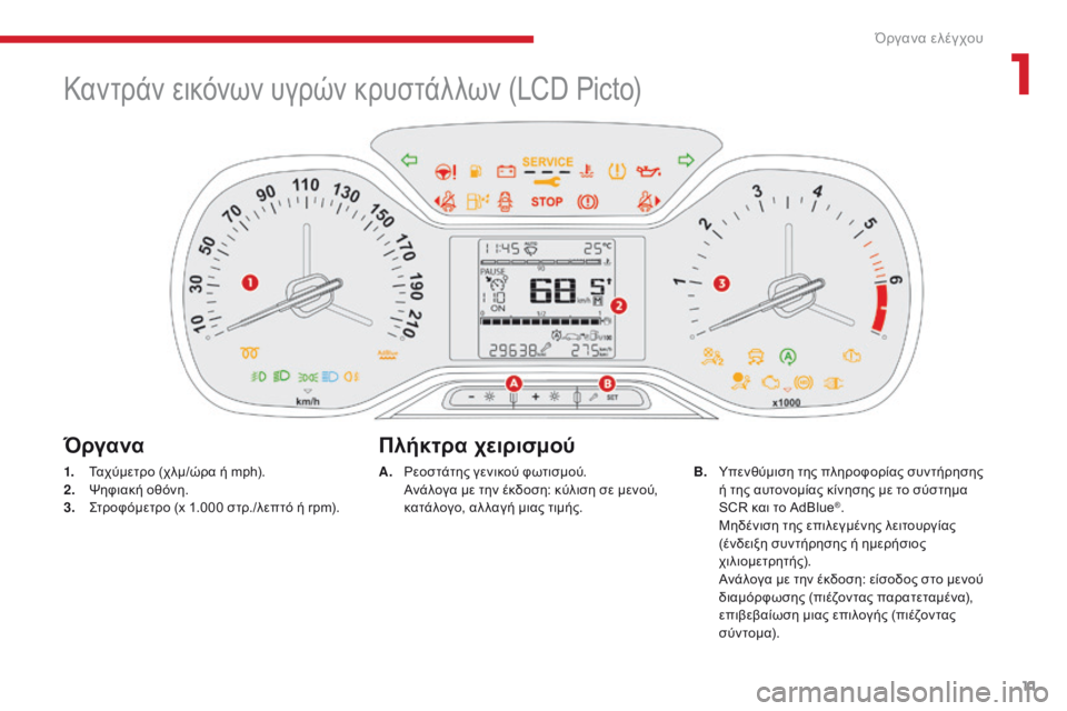 CITROEN C3 2017  ΟΔΗΓΌΣ ΧΡΉΣΗΣ (in Greek) 11
B618_el_Chap01_Instruments-de-bord_ed01-2016
Καντράν εικόνων υγρών κρυστάλλων (LCD Picto)
1. Ταχύμετρο (χλμ/ώρα ή mph).
2. Ψηφιακή οθόνη.
3.