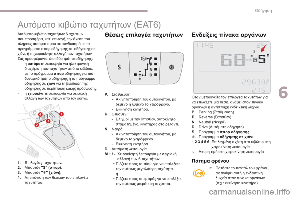 CITROEN C3 2017 ΟΔΗΓΌΣ ΧΡΉΣΗΣ (in Greek) 161
B618_el_Chap06_conduite_ed01-2016
Αυτόματο κιβώτιο ταχυτήτων (EAT6)
1. Επιλογέας ταχυτήτων.
2. Μπουτόν "S" (σ πορ) .
3.
Μπο
υτό CITROEN C3 2017 ΟΔΗΓΌΣ ΧΡΉΣΗΣ (in Greek) 161
B618_el_Chap06_conduite_ed01-2016
Αυτόματο κιβώτιο ταχυτήτων (EAT6)
1. Επιλογέας ταχυτήτων.
2. Μπουτόν "S" (σ πορ) .
3.
Μπο
υτό