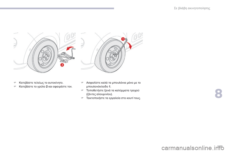 CITROEN C3 2017  ΟΔΗΓΌΣ ΧΡΉΣΗΣ (in Greek) 233
B618_el_Chap08_En-cas-de-panne_ed01-2016
F Κατεβάστε τελείως το αυτοκίνητο.
F Κ ατεβάστε το γρύλο 2 και αφαιρέστε τον. F
 Α σφαλίσ