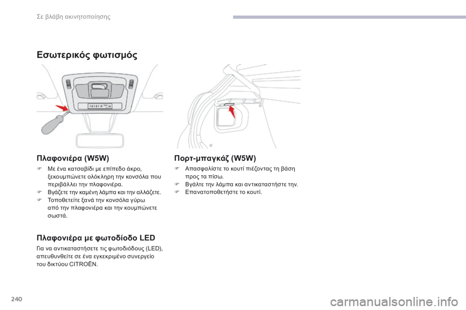 CITROEN C3 2017 ΟΔΗΓΌΣ ΧΡΉΣΗΣ (in Greek) 240
B618_el_Chap08_En-cas-de-panne_ed01-2016
Πλαφονιέρα (W5W)
F Με ένα κατσαβίδι με επίπεδο άκρο, ξεκουμπώνετε ολόκ ληρη την κονσόλα CITROEN C3 2017 ΟΔΗΓΌΣ ΧΡΉΣΗΣ (in Greek) 240
B618_el_Chap08_En-cas-de-panne_ed01-2016
Πλαφονιέρα (W5W)
F Με ένα κατσαβίδι με επίπεδο άκρο, ξεκουμπώνετε ολόκ ληρη την κονσόλα