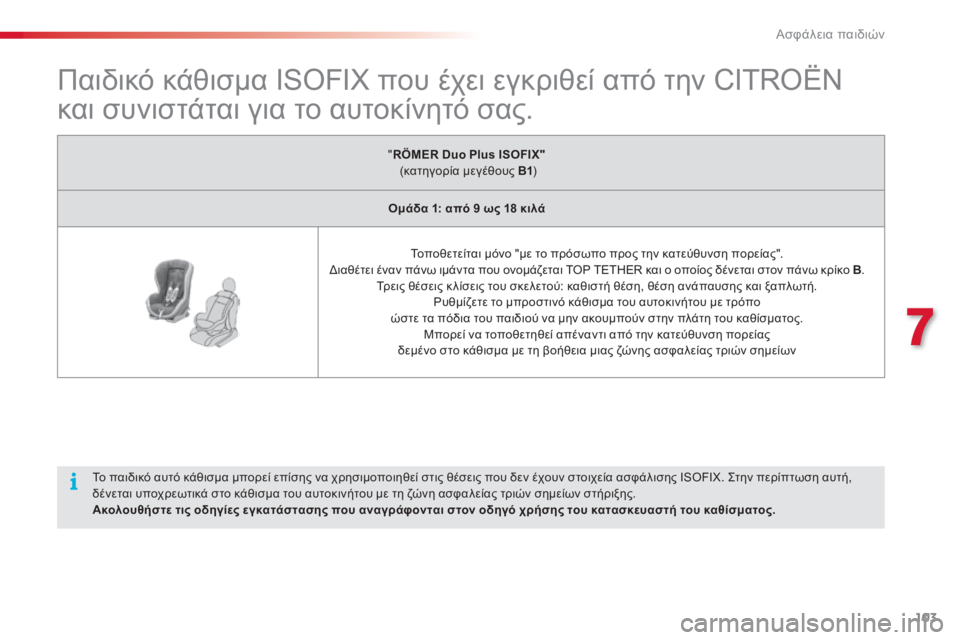 CITROEN C3 PICASSO 2015 ΟΔΗΓΌΣ ΧΡΉΣΗΣ (in Greek) 103
C3Picasso_el_Chap07_securite-enfants_ed01-2014
Παιδικό κάθισμα ISOFIX που έχει εγκριθεί από την CITROËN
και συνιστάται για το αυτοκίν CITROEN C3 PICASSO 2015 ΟΔΗΓΌΣ ΧΡΉΣΗΣ (in Greek) 103
C3Picasso_el_Chap07_securite-enfants_ed01-2014
Παιδικό κάθισμα ISOFIX που έχει εγκριθεί από την CITROËN
και συνιστάται για το αυτοκίν