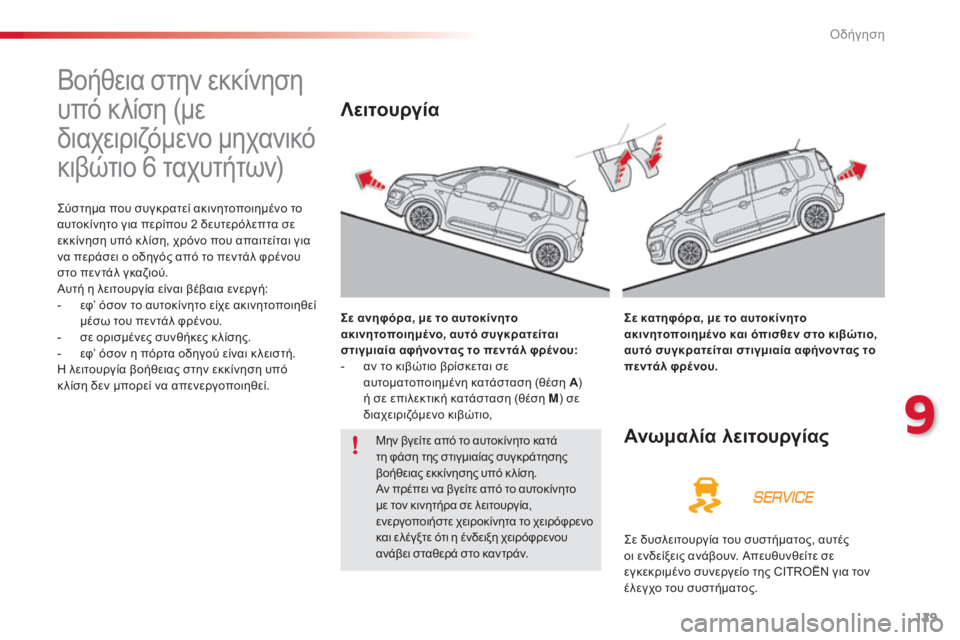 CITROEN C3 PICASSO 2015  ΟΔΗΓΌΣ ΧΡΉΣΗΣ (in Greek) 129
C3Picasso_el_Chap09_conduite_ed01-2014
Βοήθεια στην εκκίνηση 
υπό κλίση (με 
διαχειριζόμενο μηχανικό 
κιβώτιο 6 ταχυτήτων)
ςύσ