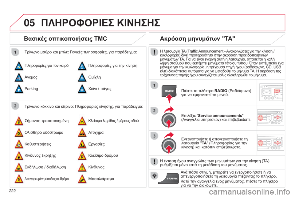 CITROEN C3 PICASSO 2015 ΟΔΗΓΌΣ ΧΡΉΣΗΣ (in Greek) 05
222
C3Picasso_el_Chap13b_RT6-2-8_ed01-2014
Βασικές οπτικοποιήσεις TMC
Τρίγωνο κόκκινο και κίτρινο: Πληροφορίες κίνησης, για παρ CITROEN C3 PICASSO 2015 ΟΔΗΓΌΣ ΧΡΉΣΗΣ (in Greek) 05
222
C3Picasso_el_Chap13b_RT6-2-8_ed01-2014
Βασικές οπτικοποιήσεις TMC
Τρίγωνο κόκκινο και κίτρινο: Πληροφορίες κίνησης, για παρ