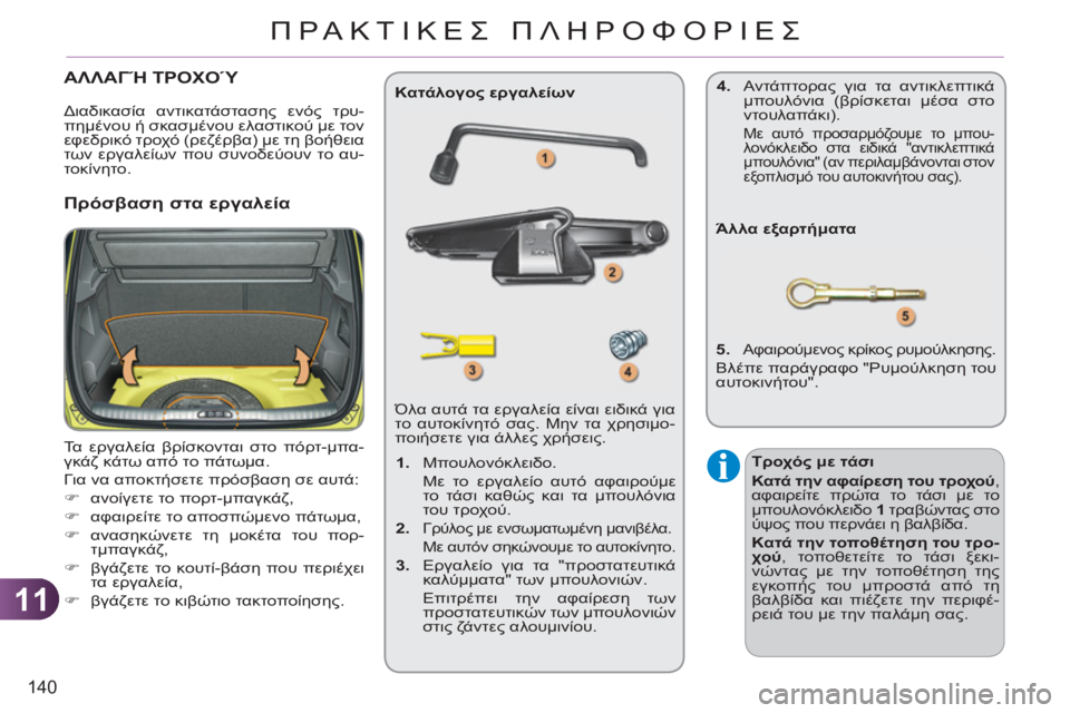 CITROEN C3 PICASSO 2012  ΟΔΗΓΌΣ ΧΡΉΣΗΣ (in Greek) 11
140
ΠΡΑΚΤΙΚΕΣ ΠΛΗΡΟΦΟΡΙΕΣ
ΑΛΛΑΓΉ ΤΡΟΧΟΎ 
 
Τα εργαλεία βρίσκονται στο πόρτ-μπα-
γκάζ κάτω από το πάτωμα. 
  Για 