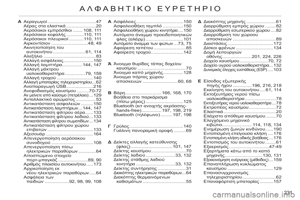 CITROEN C3 PICASSO 2012 ΟΔΗΓΌΣ ΧΡΉΣΗΣ (in Greek) 231
ΑΛΦΑΒΗΤΙΚΟ ΕΥΡΕΤΗΡΙΟ
Α Αεραγωγοί ....................................47
Αέρας στα ελαστικά ......................20
Αερόσακοι εμπρόσθ CITROEN C3 PICASSO 2012 ΟΔΗΓΌΣ ΧΡΉΣΗΣ (in Greek) 231
ΑΛΦΑΒΗΤΙΚΟ ΕΥΡΕΤΗΡΙΟ
Α Αεραγωγοί ....................................47
Αέρας στα ελαστικά ......................20
Αερόσακοι εμπρόσθ
