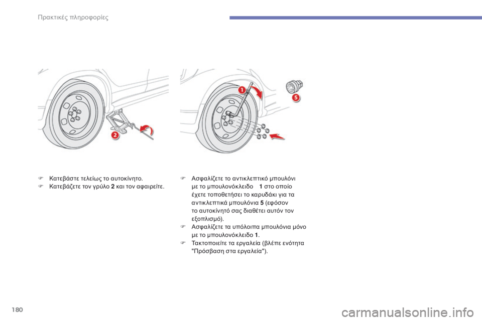 CITROEN C4 AIRCROSS 2016  ΟΔΗΓΌΣ ΧΡΉΣΗΣ (in Greek) 180
C4-Aircross_el_Chap07_info-pratiques_ed01-2014
F Κατεβάστε τελείως το αυτοκίνητο.
F Κ ατεβάζετε τον γρύλο 2 και τον αφαιρείτε. F	
Ασ