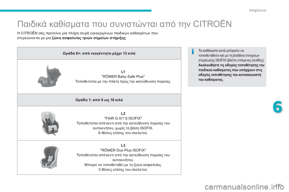 CITROEN C4 AIRCROSS 2016 ΟΔΗΓΌΣ ΧΡΉΣΗΣ (in Greek) 161
C4-Aircross_el_Chap06_securite_ed01-2014
Παιδικά καθίσματα που συνιστώνται από την CITROËN
Ομάδα 0+: από νεογέννητα μέχρι 13 κιλάL1 CITROEN C4 AIRCROSS 2016 ΟΔΗΓΌΣ ΧΡΉΣΗΣ (in Greek) 161
C4-Aircross_el_Chap06_securite_ed01-2014
Παιδικά καθίσματα που συνιστώνται από την CITROËN
Ομάδα 0+: από νεογέννητα μέχρι 13 κιλάL1