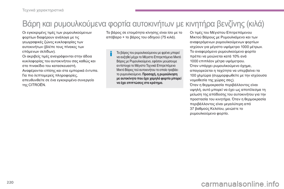 CITROEN C4 AIRCROSS 2016 ΟΔΗΓΌΣ ΧΡΉΣΗΣ (in Greek) 220
C4-Aircross_el_Chap09_caracteristiques-techniques_ed01-2014
Βάρη και ρυμουλκούμενα φορτία αυτοκινήτων με κινητήρα βενζίνης (κιλά)
όι ε CITROEN C4 AIRCROSS 2016 ΟΔΗΓΌΣ ΧΡΉΣΗΣ (in Greek) 220
C4-Aircross_el_Chap09_caracteristiques-techniques_ed01-2014
Βάρη και ρυμουλκούμενα φορτία αυτοκινήτων με κινητήρα βενζίνης (κιλά)
όι ε
