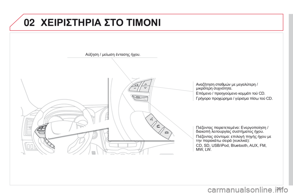 CITROEN C4 AIRCROSS 2016  ΟΔΗΓΌΣ ΧΡΉΣΗΣ (in Greek) 02
251
C4-Aircross_el_Chap10b_Mitsu6_ed01-2014
Αύξηση / μείωση έντασης ήχου.Αναζήτηση σταθμών με μεγαλύτερη / 
μικρότερη συχνότητα.