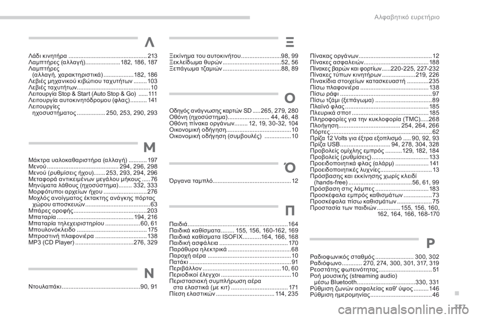CITROEN C4 AIRCROSS 2016 ΟΔΗΓΌΣ ΧΡΉΣΗΣ (in Greek) 337
C4-Aircross_el_Chap11_index-alpha_ed01-2014
Λάδι κινητήρα ...............................................213
Λαμπτήρες (αλ λαγή) ..................... 1 82, 186, 187
Λ CITROEN C4 AIRCROSS 2016 ΟΔΗΓΌΣ ΧΡΉΣΗΣ (in Greek) 337
C4-Aircross_el_Chap11_index-alpha_ed01-2014
Λάδι κινητήρα ...............................................213
Λαμπτήρες (αλ λαγή) ..................... 1 82, 186, 187
Λ
