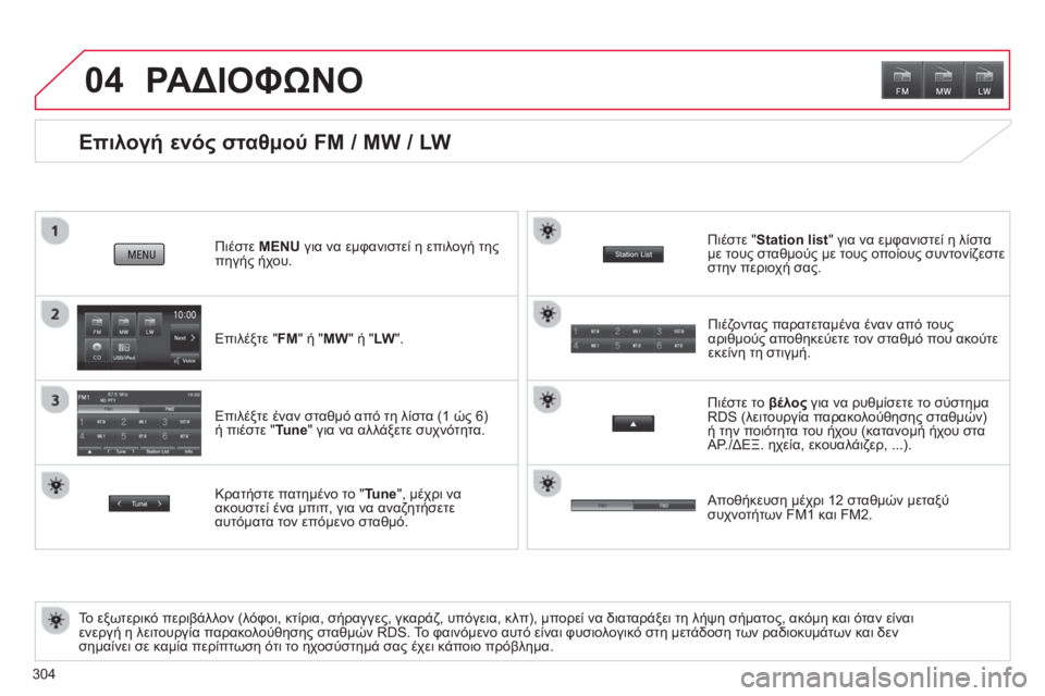 CITROEN C4 AIRCROSS 2014 ΟΔΗΓΌΣ ΧΡΉΣΗΣ (in Greek) 304
04
Επιλογή ενός σταθμού FM / MW / LW
Το εξωτερικό περιβάλλον (λόφοι, κτίρια, σήραγγες, γκαράζ, υπόγει CITROEN C4 AIRCROSS 2014 ΟΔΗΓΌΣ ΧΡΉΣΗΣ (in Greek) 304
04
Επιλογή ενός σταθμού FM / MW / LW
Το εξωτερικό περιβάλλον (λόφοι, κτίρια, σήραγγες, γκαράζ, υπόγει