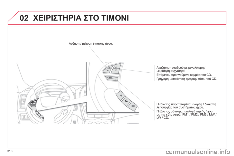 CITROEN C4 AIRCROSS 2014 ΟΔΗΓΌΣ ΧΡΉΣΗΣ (in Greek) 316
02 ΧΕΙΡΙΣΤΗΡΙΑ ΣΤΟ ΤΙΜΟΝΙ
Αύξηση / μείωση έντασης ήχου.
Αναζήτηση σταθμού με μεγαλύτερη /
μικρό CITROEN C4 AIRCROSS 2014 ΟΔΗΓΌΣ ΧΡΉΣΗΣ (in Greek) 316
02 ΧΕΙΡΙΣΤΗΡΙΑ ΣΤΟ ΤΙΜΟΝΙ
Αύξηση / μείωση έντασης ήχου.
Αναζήτηση σταθμού με μεγαλύτερη /
μικρό
