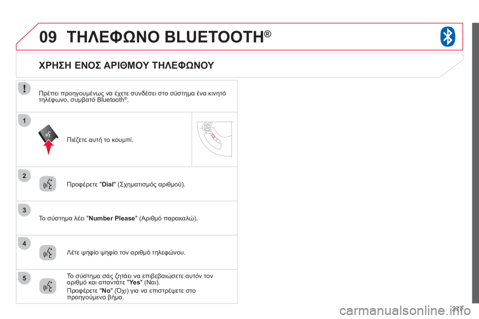 CITROEN C4 AIRCROSS 2013 ΟΔΗΓΌΣ ΧΡΉΣΗΣ (in Greek) 277
09
2
3
1
4
5
ΤΗΛΕΦΩΝΟ BLUETOOTH®
Προφέρετε "Dial
" (Σχηματισμός αριθμού).
Το σύστημα λέει " Number Pleas
e
" (Αριθμό παρακαλώ). CITROEN C4 AIRCROSS 2013 ΟΔΗΓΌΣ ΧΡΉΣΗΣ (in Greek) 277
09
2
3
1
4
5
ΤΗΛΕΦΩΝΟ BLUETOOTH®
Προφέρετε "Dial
" (Σχηματισμός αριθμού).
Το σύστημα λέει " Number Pleas
e
" (Αριθμό παρακαλώ).