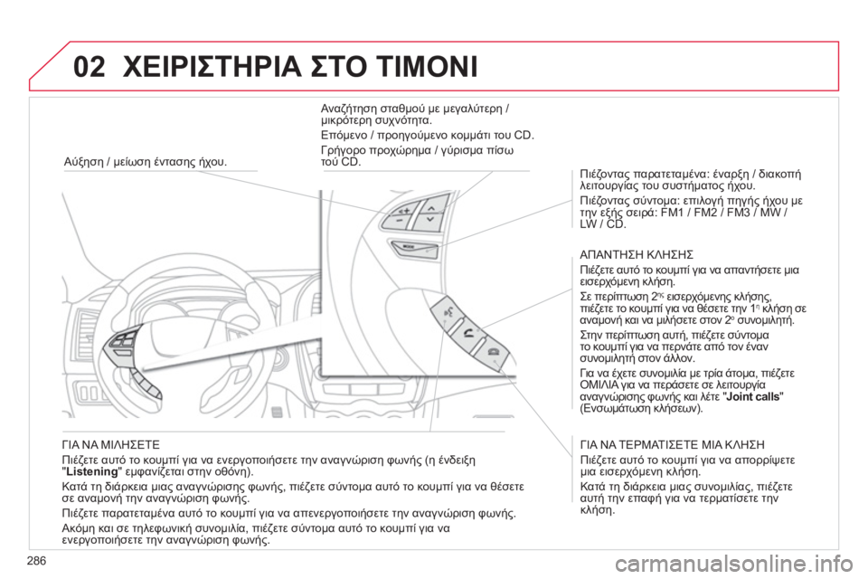 CITROEN C4 AIRCROSS 2013 ΟΔΗΓΌΣ ΧΡΉΣΗΣ (in Greek) 286
02 ΧΕΙΡΙΣΤΗΡΙΑ ΣΤΟ ΤΙΜΟΝΙ
ΓΙΑ ΝΑ ΜΙΛΗΣΕΤΕ
Πιέ
ζετε αυτό το κουμπί για να ενεργοποιήσετε την αναγνώριση CITROEN C4 AIRCROSS 2013 ΟΔΗΓΌΣ ΧΡΉΣΗΣ (in Greek) 286
02 ΧΕΙΡΙΣΤΗΡΙΑ ΣΤΟ ΤΙΜΟΝΙ
ΓΙΑ ΝΑ ΜΙΛΗΣΕΤΕ
Πιέ
ζετε αυτό το κουμπί για να ενεργοποιήσετε την αναγνώριση