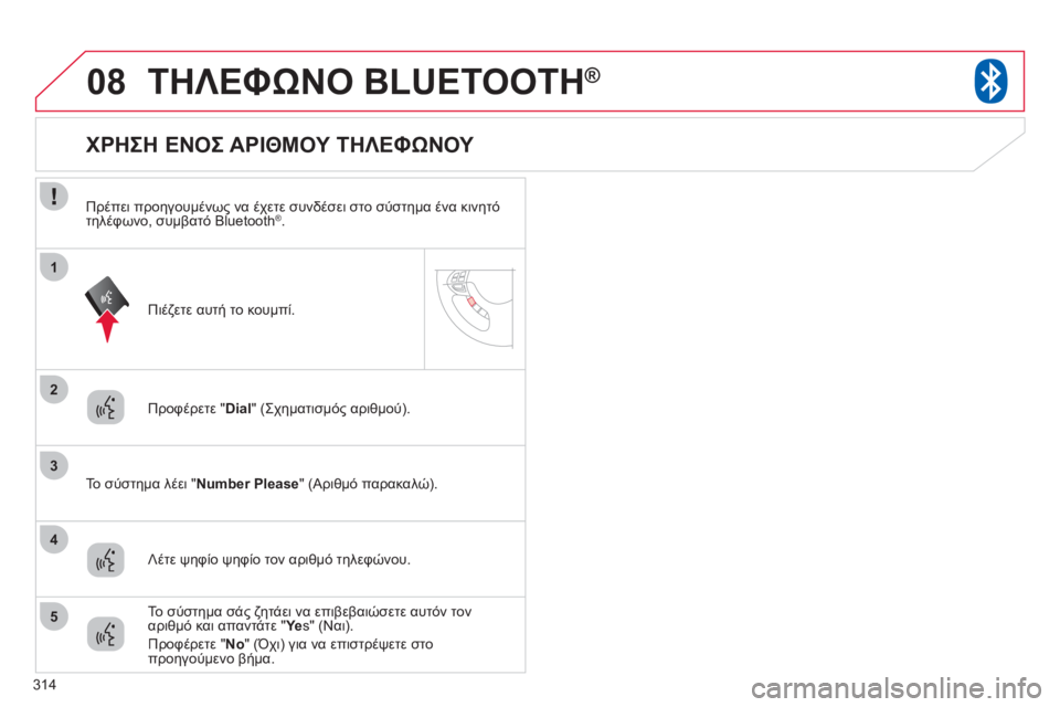CITROEN C4 AIRCROSS 2013 ΟΔΗΓΌΣ ΧΡΉΣΗΣ (in Greek) 314
08
2
3
1
4
5
ΤΗΛΕΦΩΝΟ BLUETOOTH®
Προφέρετε "Dial
" (Σχηματισμός αριθμού).
Το σύστημα λέει " Number Pleas
e
" (Αριθμό παρακαλώ). CITROEN C4 AIRCROSS 2013 ΟΔΗΓΌΣ ΧΡΉΣΗΣ (in Greek) 314
08
2
3
1
4
5
ΤΗΛΕΦΩΝΟ BLUETOOTH®
Προφέρετε "Dial
" (Σχηματισμός αριθμού).
Το σύστημα λέει " Number Pleas
e
" (Αριθμό παρακαλώ).