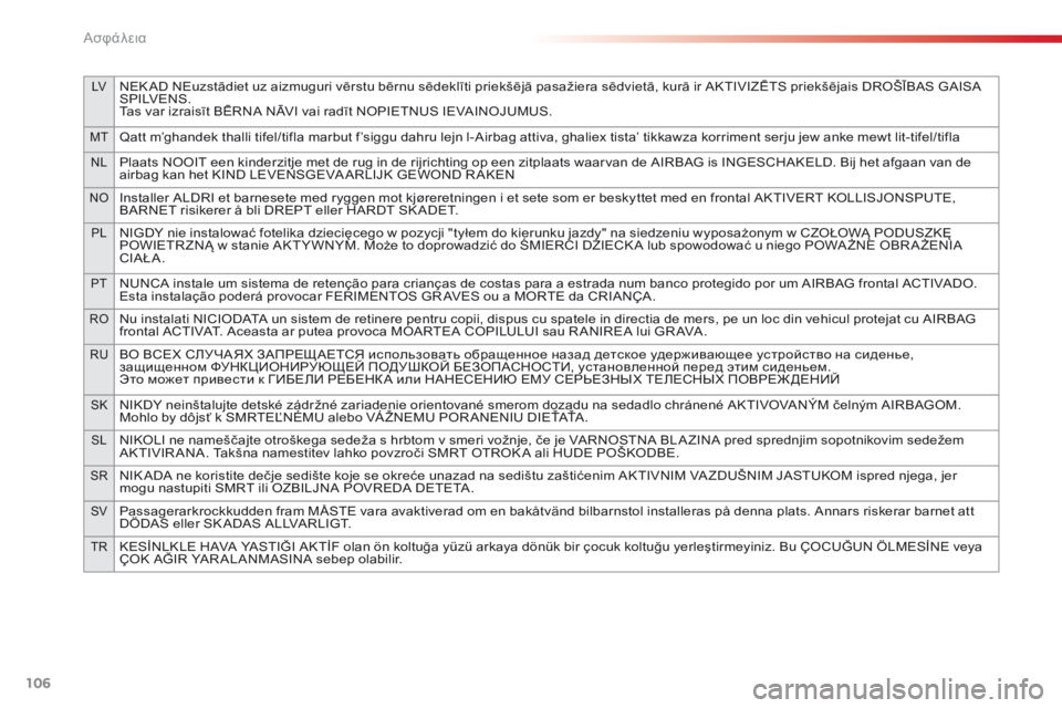 CITROEN C4 CACTUS 2016 ΟΔΗΓΌΣ ΧΡΉΣΗΣ (in Greek) 106
LVNEK AD NEuzstādiet uz aizmuguri vērstu bērnu sēdeklīti priekšējā pasažiera sēdvietā, kurā ir AKTIVIZĒTS priekšējais DROŠĪBAS GAISA
S P I LV E N S .
Tas var izraisīt BĒRNA NĀ CITROEN C4 CACTUS 2016 ΟΔΗΓΌΣ ΧΡΉΣΗΣ (in Greek) 106
LVNEK AD NEuzstādiet uz aizmuguri vērstu bērnu sēdeklīti priekšējā pasažiera sēdvietā, kurā ir AKTIVIZĒTS priekšējais DROŠĪBAS GAISA
S P I LV E N S .
Tas var izraisīt BĒRNA NĀ