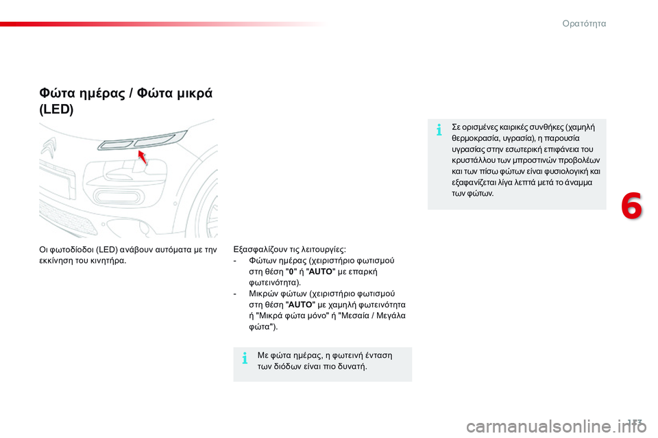 CITROEN C4 CACTUS 2015  ΟΔΗΓΌΣ ΧΡΉΣΗΣ (in Greek) 113
C4-cactus_el_Chap06_visibilite_ed02-2014
Φώτα ημέρας / Φώτα μικρά
(LED)
όι φωτοδίοδοι (LED) ανάβουν αυτόματα με την 
εκκίνηση του κι