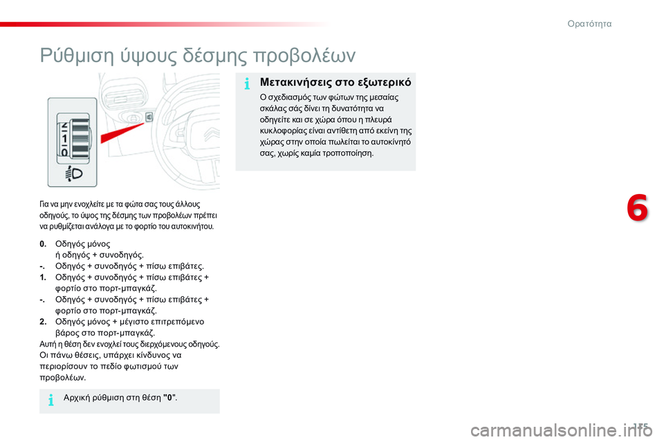 CITROEN C4 CACTUS 2015  ΟΔΗΓΌΣ ΧΡΉΣΗΣ (in Greek) 115
C4-cactus_el_Chap06_visibilite_ed02-2014
ρύθμιση ύψους δέσμης προβολέων
για να μην ενοχλείτε με τα φώτα σας τους άλ λους 
οδηγ