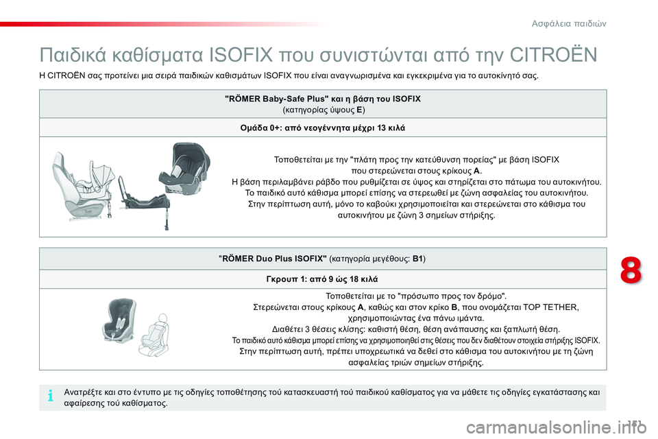 CITROEN C4 CACTUS 2015 ΟΔΗΓΌΣ ΧΡΉΣΗΣ (in Greek) 151
C4-cactus_el_Chap08_securite-enfants_ed02-2014
Παιδικά καθίσματα ISOFIX που συνιστώνται από την CITROËN
"RÖMER Baby- Safe Plus" και η βάση τ CITROEN C4 CACTUS 2015 ΟΔΗΓΌΣ ΧΡΉΣΗΣ (in Greek) 151
C4-cactus_el_Chap08_securite-enfants_ed02-2014
Παιδικά καθίσματα ISOFIX που συνιστώνται από την CITROËN
"RÖMER Baby- Safe Plus" και η βάση τ