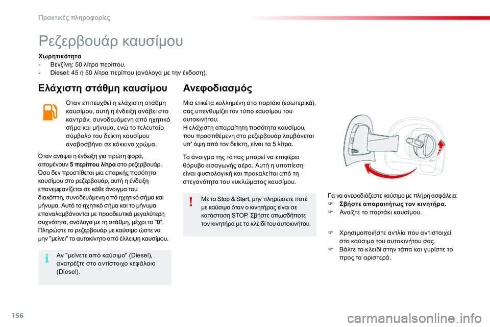 CITROEN C4 CACTUS 2015 ΟΔΗΓΌΣ ΧΡΉΣΗΣ (in Greek) 156
C4-cactus_el_Chap09_info-pratiques_ed02-2014
ρεζερβουάρ καυσίμου
Χωρητικότητα
- Β ενζίνη: 50 λίτρα περίπου.
-
D
iesel: 45 ή 50 λίτρα πε CITROEN C4 CACTUS 2015 ΟΔΗΓΌΣ ΧΡΉΣΗΣ (in Greek) 156
C4-cactus_el_Chap09_info-pratiques_ed02-2014
ρεζερβουάρ καυσίμου
Χωρητικότητα
- Β ενζίνη: 50 λίτρα περίπου.
-
D
iesel: 45 ή 50 λίτρα πε