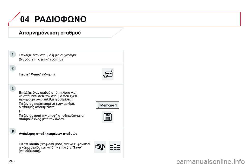 CITROEN C4 CACTUS 2015  ΟΔΗΓΌΣ ΧΡΉΣΗΣ (in Greek) 04
Απομνημόνευση σταθμού
Πιέστε "Memo" (Μνήμη). Επιλέξτε έναν σταθμό ή μια συχνότητα
(διαβάστε τη σχετική ενό