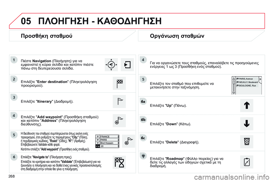 CITROEN C4 CACTUS 2015  ΟΔΗΓΌΣ ΧΡΉΣΗΣ (in Greek) 05
268
Προσθήκη σταθμούΟργάνωση σταθμών
Επιλέξτε "Enter destination " (Πληκτρολόγηση 
προορισμού).
Επιλέξτε " Itinerary