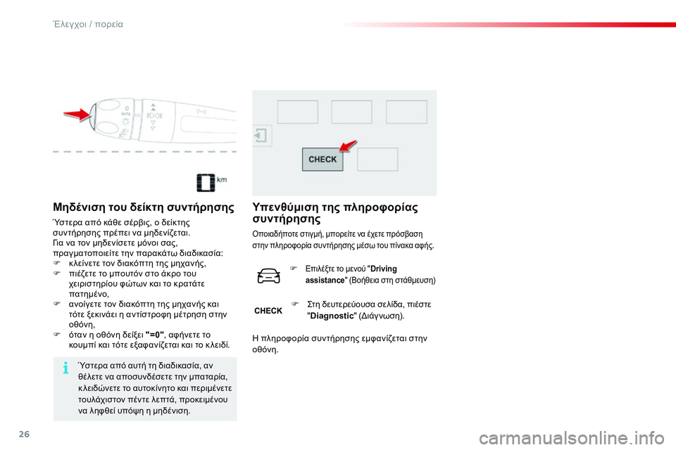 CITROEN C4 CACTUS 2015  ΟΔΗΓΌΣ ΧΡΉΣΗΣ (in Greek) 26
Μηδένιση του δείκτη συντήρησης
Ύστερα από κάθε σέρβις, ο δείκτης 
συντήρησης πρέπει να μηδενίζεται.
γι
α να 