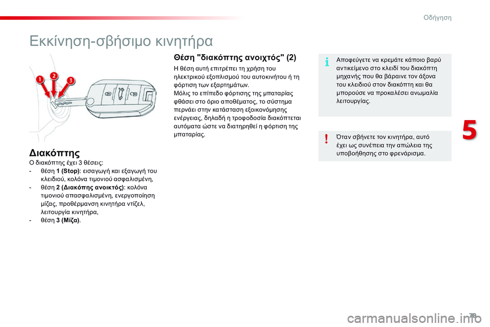 CITROEN C4 CACTUS 2015 ΟΔΗΓΌΣ ΧΡΉΣΗΣ (in Greek) 79
C4-cactus_el_Chap05_conduite_ed02-2014
Εκκίνηση-σβήσιμο κινητήρα
ό διακόπτης έχει 3 θέσεις:
- θ έση 1 (Stop) : εισαγωγή και εξαγωγή CITROEN C4 CACTUS 2015 ΟΔΗΓΌΣ ΧΡΉΣΗΣ (in Greek) 79
C4-cactus_el_Chap05_conduite_ed02-2014
Εκκίνηση-σβήσιμο κινητήρα
ό διακόπτης έχει 3 θέσεις:
- θ έση 1 (Stop) : εισαγωγή και εξαγωγή