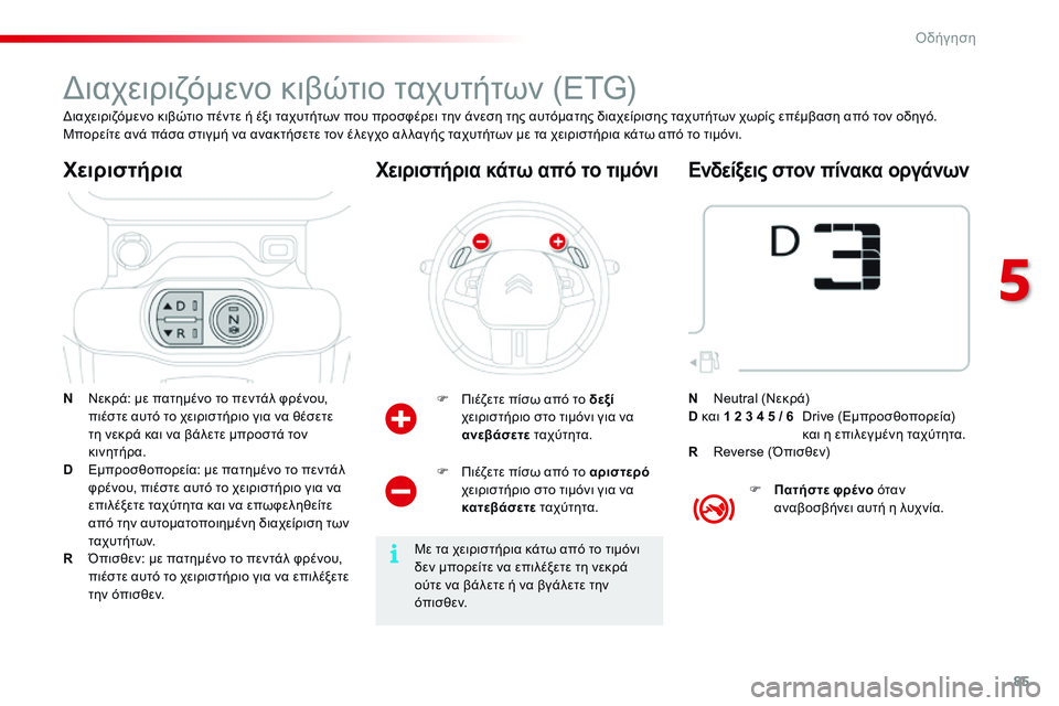CITROEN C4 CACTUS 2015 ΟΔΗΓΌΣ ΧΡΉΣΗΣ (in Greek) 85
C4-cactus_el_Chap05_conduite_ed02-2014
διαχειριζόμενο κιβώτιο ταχυτήτων (ETG)
N Νεκρά: με πατημένο το πεντάλ φρένου, πιέστε αυτό CITROEN C4 CACTUS 2015 ΟΔΗΓΌΣ ΧΡΉΣΗΣ (in Greek) 85
C4-cactus_el_Chap05_conduite_ed02-2014
διαχειριζόμενο κιβώτιο ταχυτήτων (ETG)
N Νεκρά: με πατημένο το πεντάλ φρένου, πιέστε αυτό