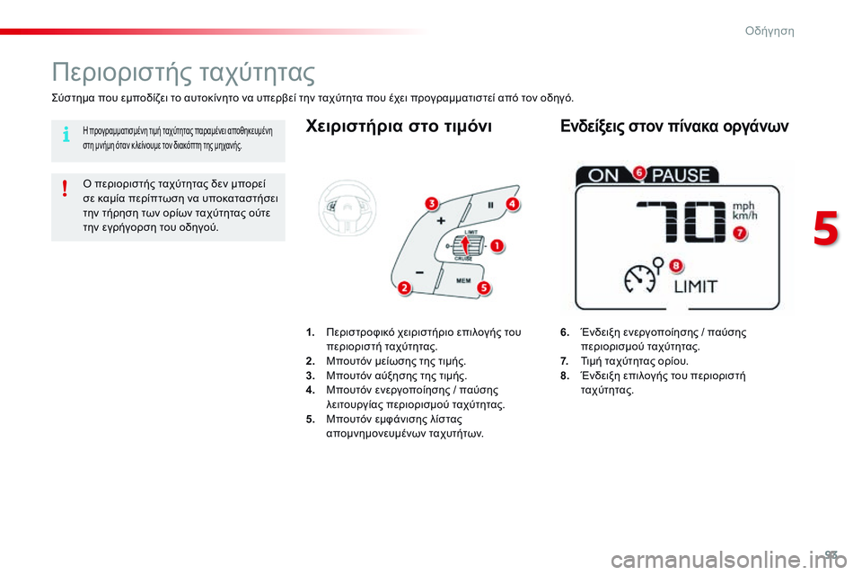 CITROEN C4 CACTUS 2015  ΟΔΗΓΌΣ ΧΡΉΣΗΣ (in Greek) 93
C4-cactus_el_Chap05_conduite_ed02-2014
Χειριστήρια στο τιμόνι
6. Ένδειξη ενεργοποίησης / παύσης περιορισμού ταχύτητας.
7.
 Τ

ιμ
