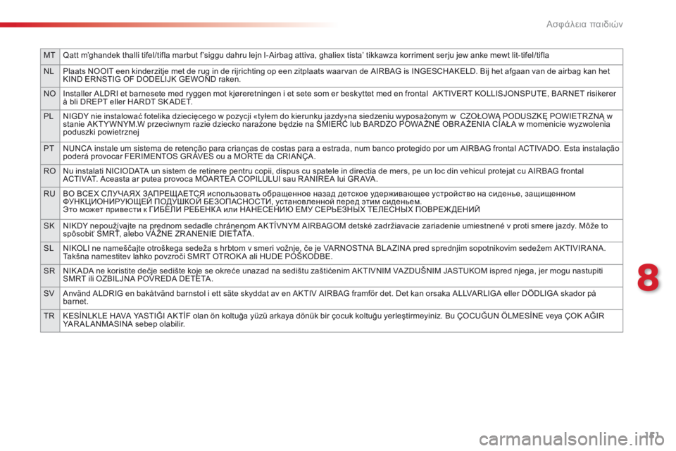 CITROEN C4 CACTUS 2014 ΟΔΗΓΌΣ ΧΡΉΣΗΣ (in Greek) 151
MTQatt m’ghandek thalli tifel/tifla marbut f’siggu dahru lejn l-Airbag attiva, ghaliex tista’ tikkawza korriment serju jew anke mewt lit-tifel/tifla
NL Plaats NOOIT een kinderzitje met de ru CITROEN C4 CACTUS 2014 ΟΔΗΓΌΣ ΧΡΉΣΗΣ (in Greek) 151
MTQatt m’ghandek thalli tifel/tifla marbut f’siggu dahru lejn l-Airbag attiva, ghaliex tista’ tikkawza korriment serju jew anke mewt lit-tifel/tifla
NL Plaats NOOIT een kinderzitje met de ru