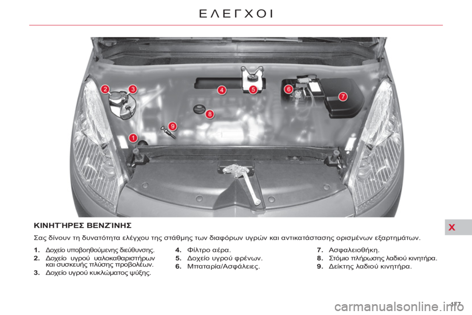 CITROEN C4 PICASSO 2013  ΟΔΗΓΌΣ ΧΡΉΣΗΣ (in Greek) X
177 
ΕΛΕΓΧΟΙ
ΚΙΝΗΤΉΡΕΣΒΕΝΖΊΝΗΣ
  Σας δίνουν τη δυνατότητα ελέγχου της στάθμης των διαφόρων υγρών και αντικατά