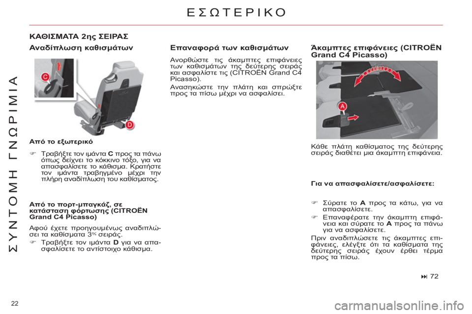 CITROEN C4 PICASSO 2013 ΟΔΗΓΌΣ ΧΡΉΣΗΣ (in Greek) 22
ΣΥΝΤΟΜΗ ΓΝΩΡΙΜΙΑ
ΕΣΩΤΕΡΙΚΟ
Αναδίπλωση καθισμάτων
Από το πορτ-μπαγκάζ, σε
κατάσταση φόρτωσης (CITROËN
Grand CITROEN C4 PICASSO 2013 ΟΔΗΓΌΣ ΧΡΉΣΗΣ (in Greek) 22
ΣΥΝΤΟΜΗ ΓΝΩΡΙΜΙΑ
ΕΣΩΤΕΡΙΚΟ
Αναδίπλωση καθισμάτων
Από το πορτ-μπαγκάζ, σε
κατάσταση φόρτωσης (CITROËN
Grand