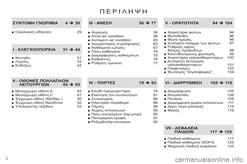 CITROEN C4 PICASSO 2013  ΟΔΗΓΌΣ ΧΡΉΣΗΣ (in Greek) ΠΕΡΙΛΗΨΗ
2 
Μονόχρωμη οθόνη A 45Μονόχρωμη οθόνη C 47Έγχρωμη οθόνη (MyWay ) 50Έγχρωμη οθόνη NaviDrive  52Υπολογιστής ταξιδι