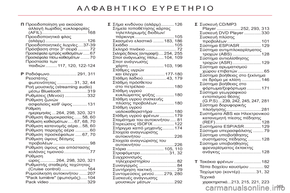 CITROEN C4 PICASSO 2013  ΟΔΗΓΌΣ ΧΡΉΣΗΣ (in Greek) 345 
ΑΛΦΑΒΗΤΙΚΟ ΕΥΡΕΤΗΡΙΟ
Προειδοποίηση για ακούσιααλλαγή λωρίδας κυκλοφορίας(AFIL) ...................................168Προειδ