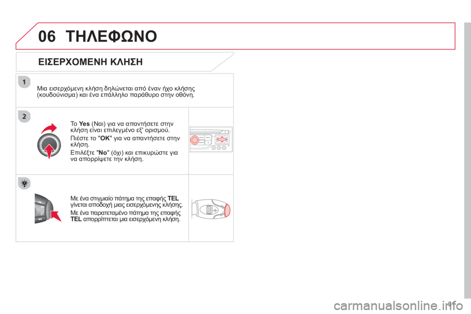 CITROEN C4 PICASSO 2013  ΟΔΗΓΌΣ ΧΡΉΣΗΣ (in Greek) 31
06ΤΗΛΕΦΩΝΟ
   
ΕΙΣΕΡΧΟΜΕΝΗ ΚΛΗΣΗ
 
 
Μια εισερχόμενη κλήση δηλώνεται από έναν ήχο κλήσης (κουδούνισμα) και ένα 