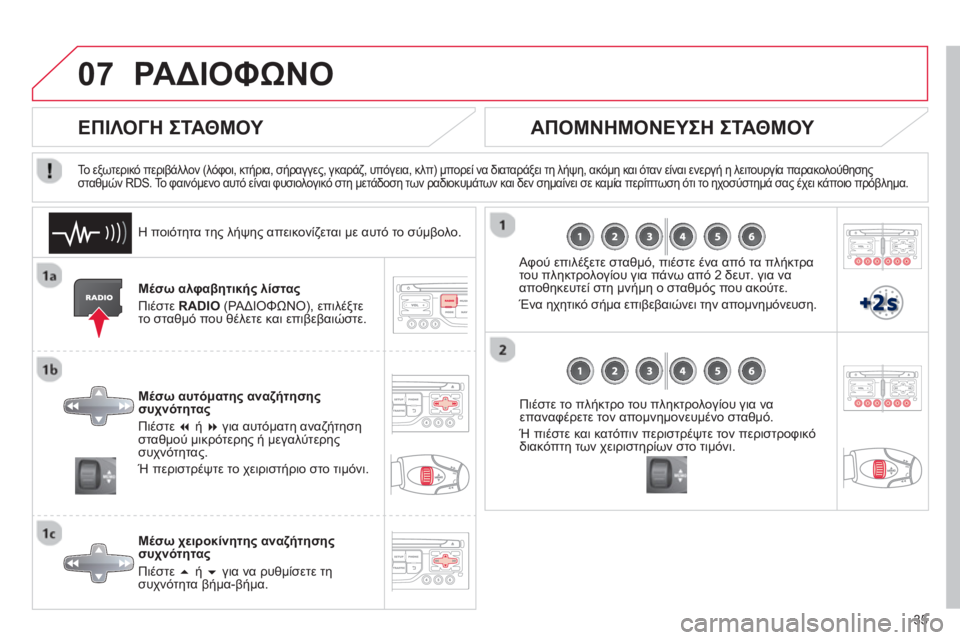 CITROEN C4 PICASSO 2013  ΟΔΗΓΌΣ ΧΡΉΣΗΣ (in Greek) 35
07ΡΑΔΙΟΦΩΝΟ 
Μέσω αλφαβητικής λίστας
Πι
έστε RADIO 
 (ΡΑΔΙΟΦΩΝΟ), επιλέξτε
το σταθμό που θέλετε και επιβεβαιώστε
