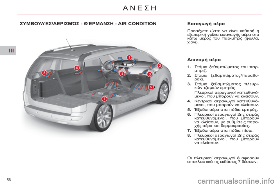 CITROEN C4 PICASSO 2013  ΟΔΗΓΌΣ ΧΡΉΣΗΣ (in Greek) III
56 
ΑΝΕΣΗ
ΣΥΜΒΟΥΛΈΣ/ΑΕΡΙΣΜΌΣ - ΘΈΡΜΑΝΣΗ - AIR CONDITION    
Εισαγωγή αέρα 
 
Προσέχετε ώστε να εί 
ναι καθαρή η 
εξωτερι