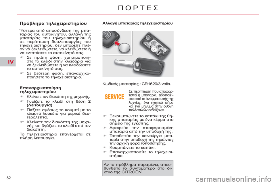 CITROEN C4 PICASSO 2013  ΟΔΗΓΌΣ ΧΡΉΣΗΣ (in Greek) IV
82 
ΠΟΡΤΕΣ
   
 
 
 
 
 
 
 
 
 
 
 
 
 
 
Πρόβλημα τηλεχειριστηρίου 
 
Ύστερα από αποσύνδεση της μπα-
ταρίας του αυτοκινήτ