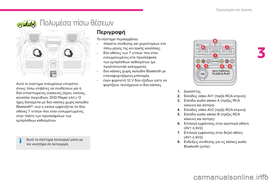 CITROEN C4 SPACETOURER 2018  ΟΔΗΓΌΣ ΧΡΉΣΗΣ (in Greek) 115
C4-Picasso-II_el_Chap03_ergonomie-confort_ed02-2016
Πολυμέσα πίσω θέσεων
Αυτό το σύστημα πολυμέσων επιτρέπει 
στους πίσω επιβάτες 
