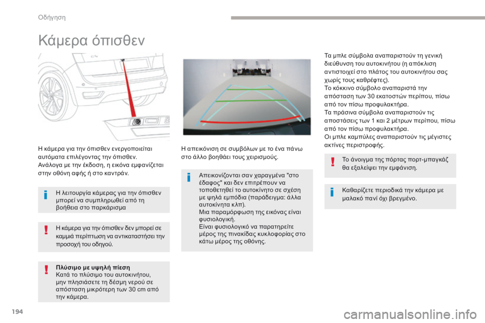 CITROEN C4 SPACETOURER 2018  ΟΔΗΓΌΣ ΧΡΉΣΗΣ (in Greek) 194
C4-Picasso-II_el_Chap04_conduite_ed02-2016
Kάμερα όπισθεν
Καθαρίζετε περιοδικά την κάμερα με 
μαλακό πανί όχι βρεγμένο.
η

 κάμε