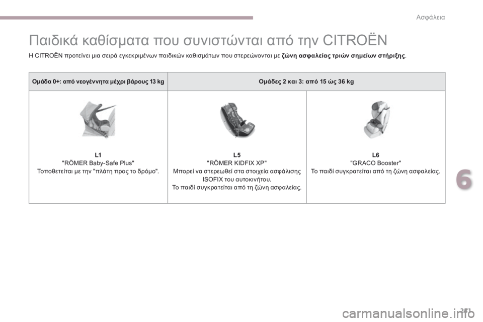 CITROEN C4 SPACETOURER 2018  ΟΔΗΓΌΣ ΧΡΉΣΗΣ (in Greek) 251
C4-Picasso-II_el_Chap06_securite_ed02-2016
Παιδικά καθίσματα που συνιστώνται από την CITROËN
Ομάδα 0+: από νεογέννητα μέχρι βάρους